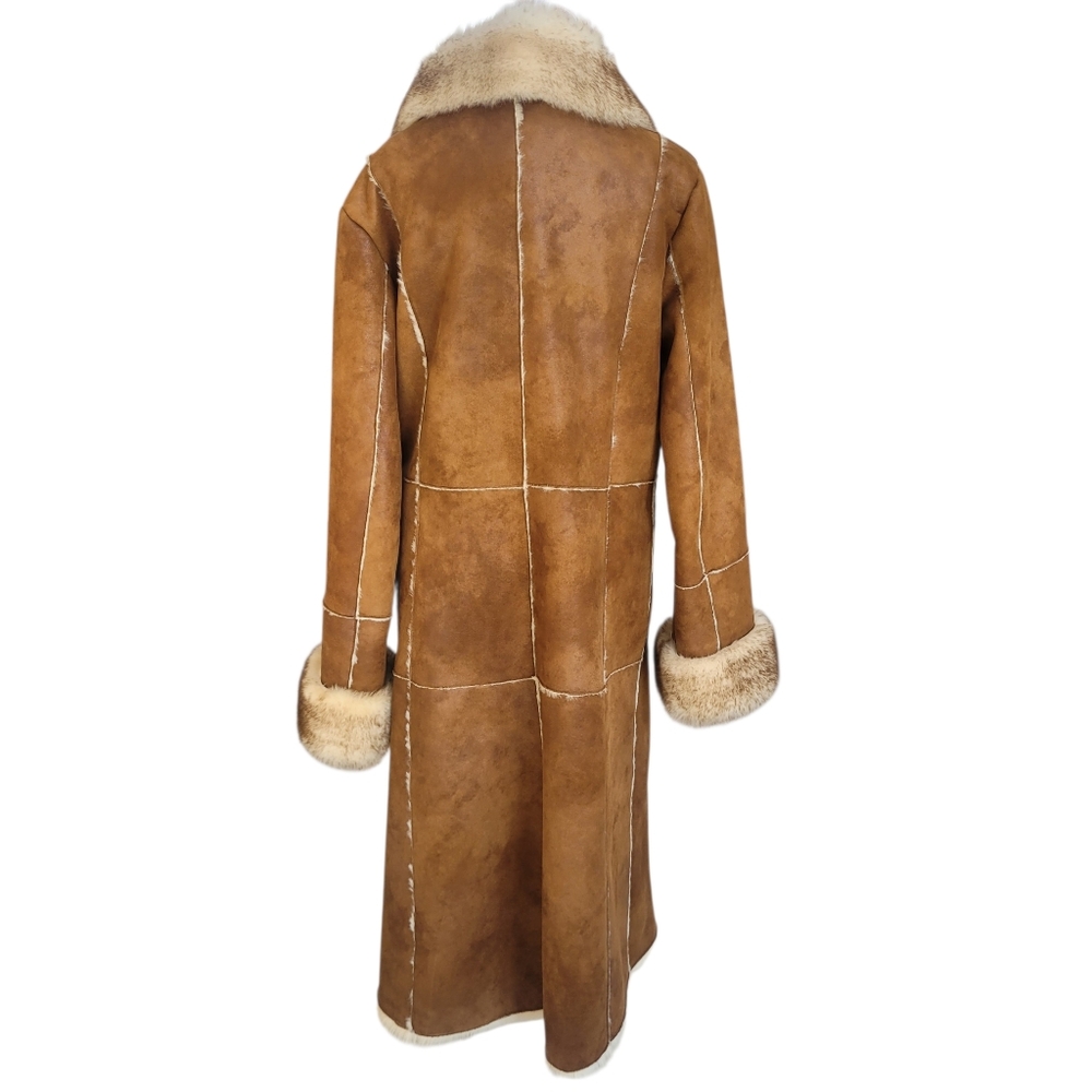 Stunning WILSONS Brown Long Faux Suede Fur Trim Sherpa Shearling Coat Y2K Sz M - Picture 4 of 12